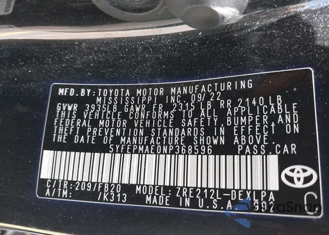 2022 Toyota Corolla Le из США, поврежденный, VIN 5YFEPMAE0NP368596